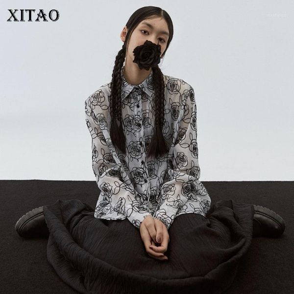 

xitao spring new trend rose pattern shirt loose perspective womens and blouses wild long sleeve original design dmy41611, White