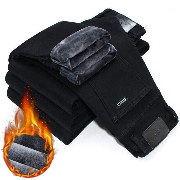 

russia winter new men's warm velvet jeans stretch slim black jeans fashion business casual thick black pants1, Blue