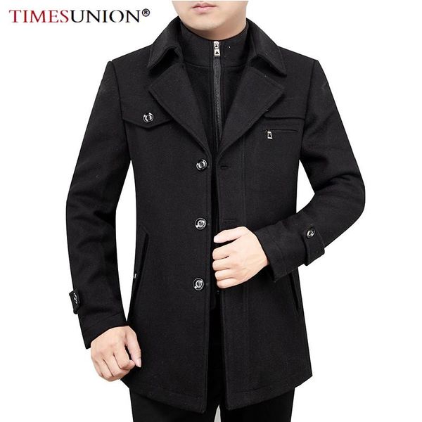 

timesunion casual brand men blends coats autumn winter new solid color men's wool coat male fashion wool coat, Black