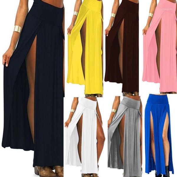 

womens high waist double slit front open knit maxi long skirt solid color pleated irregular hem beach skirt bikini cover up1, Black