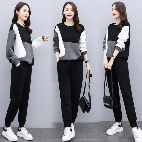

ladies suit 2020 autumn and winter new fashion contrast color stitching is thin and western style casual two-piece female1, Gray