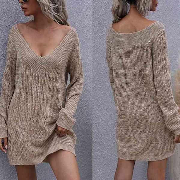 

Newly Low-cut V-neck Sexy Sweater Long Sleeve Knitwear Pullovers Loose Female Bottoming Off-the-shoulder Dress Jumper Tops, Black;gray