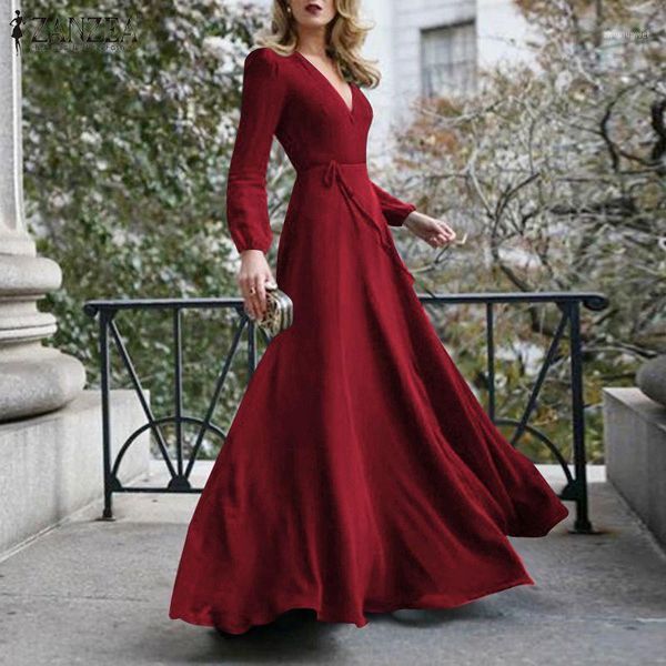 

zanzea elegant solid vestidos party v neck a line kaftan female puff sleeves belt robe womens spring autumn maxi dress 5xl1, Black;gray