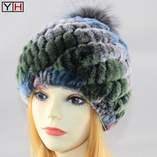 

beanie/skull caps genuine knitted rex fur hats women real rur hat match silver ball quality100%natural, Blue;gray