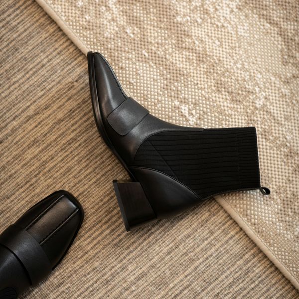 

2021 new fashion toe ankle cow leather knitting slip on women shoes winter square heel short boots size 34-39 32uk, Black