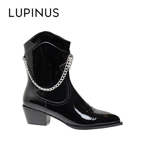 

lupinus fashion chain ornament chic chunky heel ankle boots for women elegant pointed toe ins style women western cowboy boots, Black