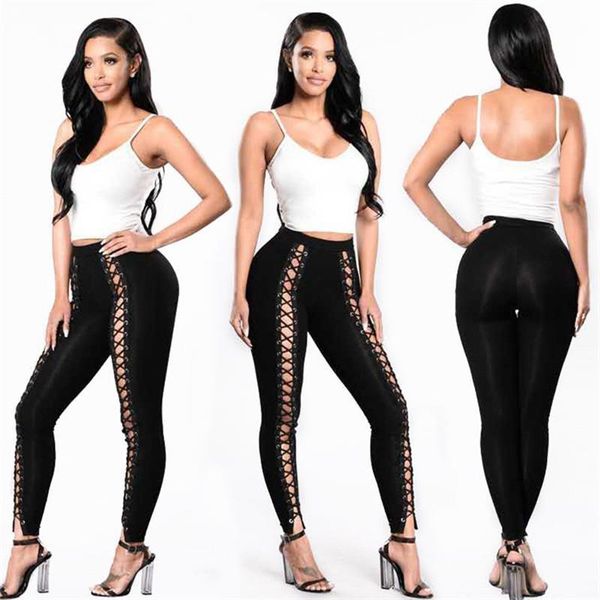 

patchwork front criss cross bandage hollow leggings women slit black pencil pantalons active high waist legging