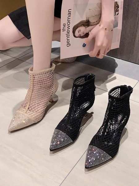 

new summer fashion pointed rhinestone mesh hollow out fine heel sandals, Black