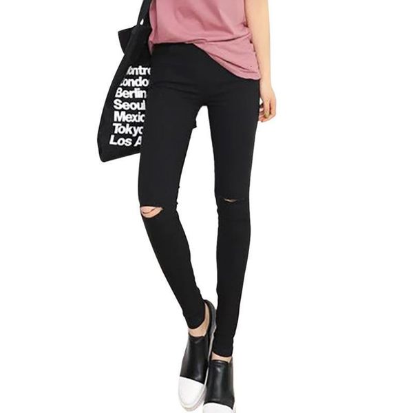 

2020 hole leggings women autumn winter thin section solid color pants sports slim high waist leggings leggins mujer*, Black