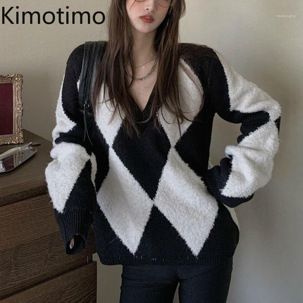 

kimotimo v neck sweater women 2020 autumn pullovers argyle england style korean elegant casual harajuku casual sweater1, White;black