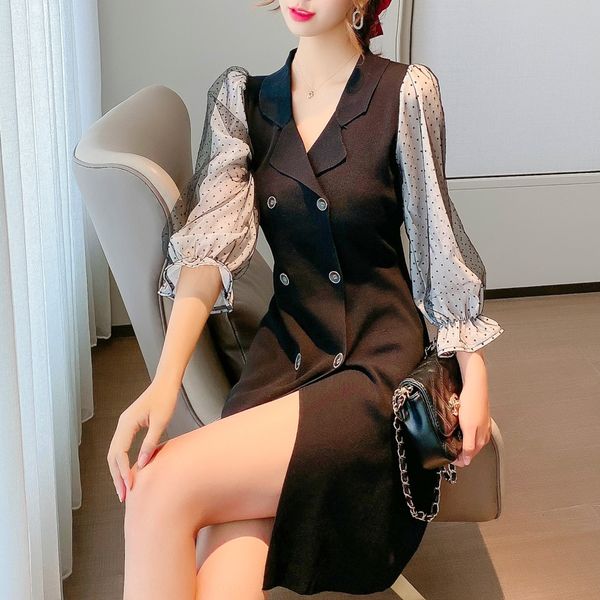 

gecyl a-line 2020 new french waist style closing show dress mesh stitching trumpet sleeve suit collar fall knitted dress thin dresshorn dres, Black;gray