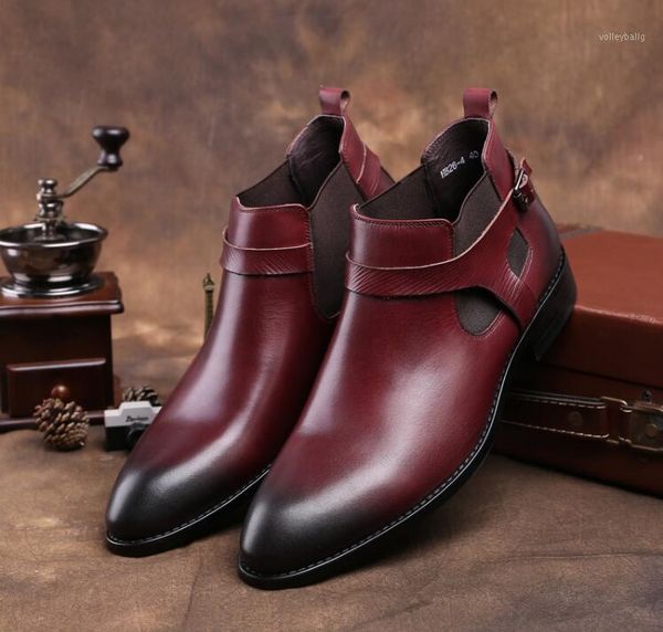 

genuine leather roman boots men's shoes formal business smart casual high shoes buckle strap elastic band cut-out ankle boot1, Black