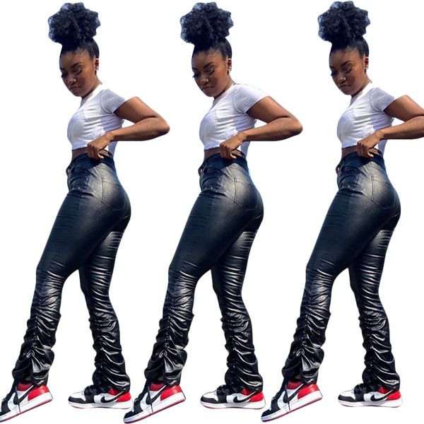 

pu women stacked pants fashion black color high waist slim micro flare pants women designer clothes, Black;white