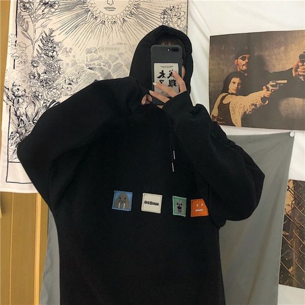 

phaze blue sweater women's wear wearembroidery couple dress autumn and winter cartoon embroidery fleece hooded korean bf lazy style cou, Black