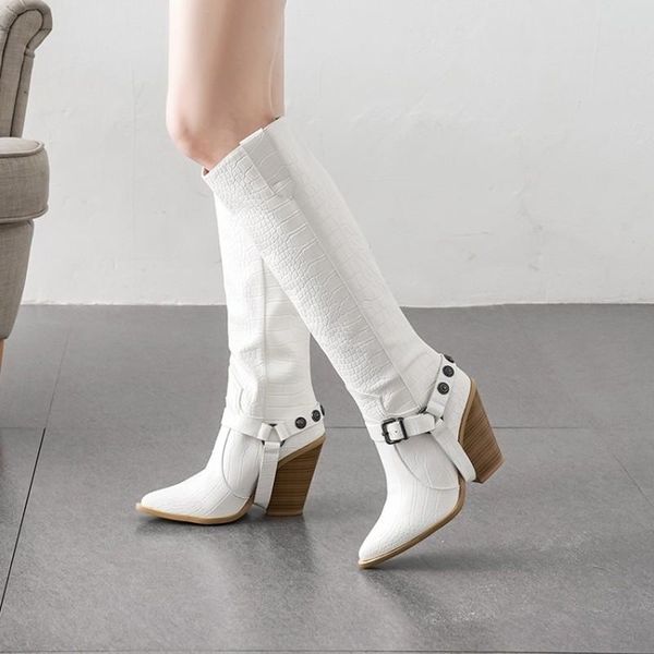 

belt buckle knee high boots western cowboy boots women long winter pointed toe cowgirl wedges western women shoes, Black