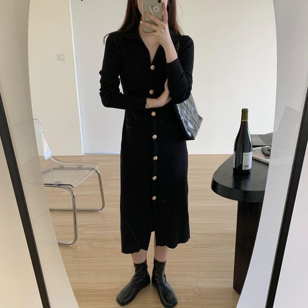 

casual dresses coigarsam office lady full sleeve women dress winter knitting solid high waist sheath v-neck black apricot 6926, Black;gray
