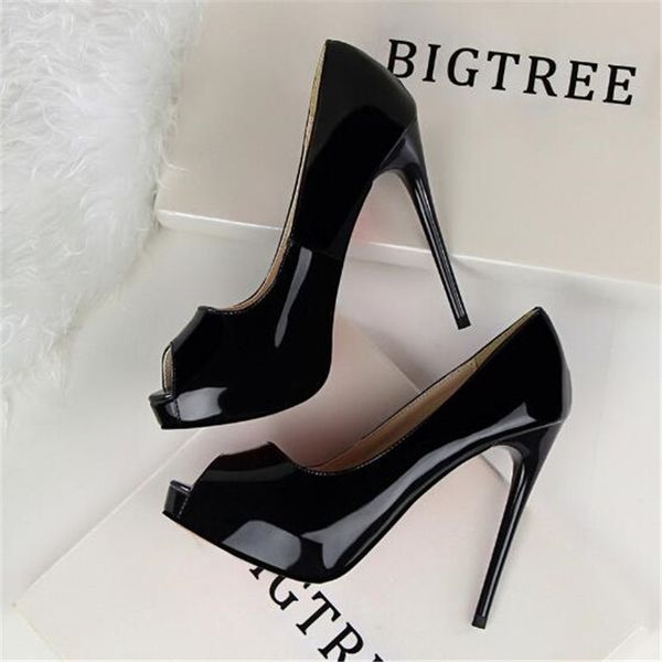 

bigtree 2019 peep toe concise patent leather women pumps ol office shoes fashion platform high heels women's party shoes shallow t20052, Black
