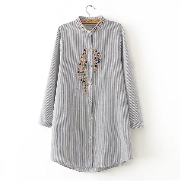 

women elegant plus size embroidery long shirts striped full cotton long sleeve loose blouse stand collar casual blusas femm, White