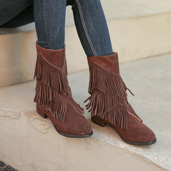

boots 2021 fashion fringed women mid-calf suede tassels female back zipper flat autumn winter riding boot, Black