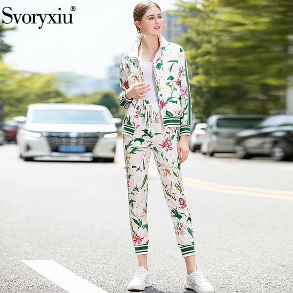 

svoryxiu lily flower printed autumn winter runway fashion two piece set women's casual motion trousers twinset female 201007, White