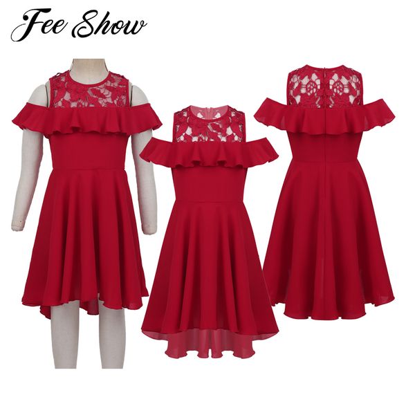 

cold shoulder ruffle trimmings lace splice high-low hem girls party dress summer cap sleeve cute a-line flared dresses for kids t200709, Red;yellow