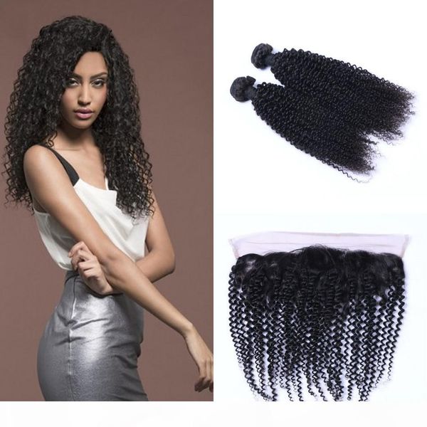

brazilian kinky curly human hair bundles with lace frontal closure 2pcs hair weave bundles with 13x4 ear to ear frontal, Black;brown
