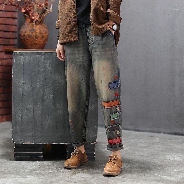 

autumn jeans women retro slim-type denim pants 2020 new female elastic waist pocket bleached patchwork casual denim trousers1, Blue