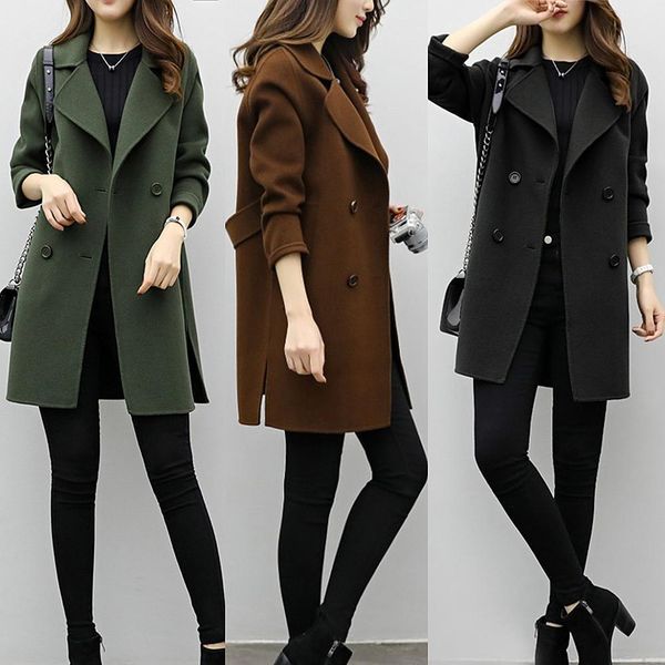 

two breasted ladies long sleeve loose suit coat jacket women blazers female solid color long suit loose sliming jacket lj201109, Black