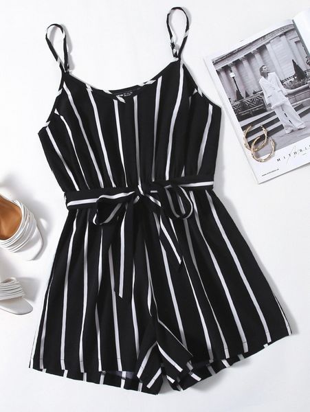 

plus striped self tie cami romper f0ri#, Black
