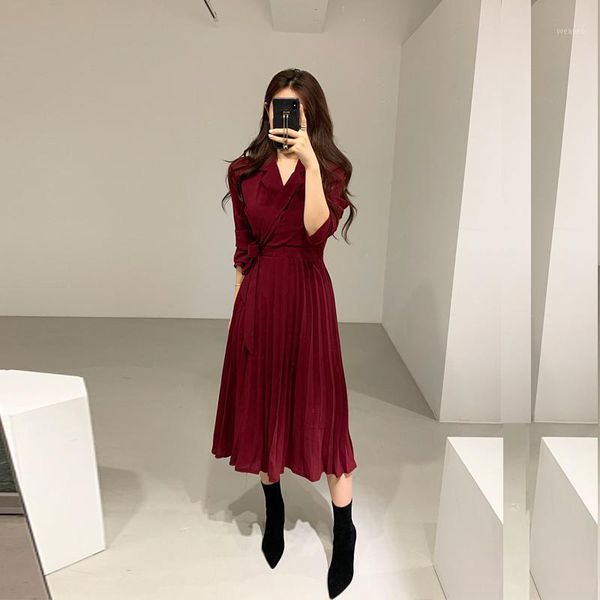 

new women dresslt loose slim collect waist posed long pleated dresses wine red black color card 98221, Black;gray
