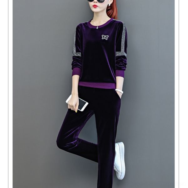 

bzud0 fashion gold sweatshirt casual sports suit sweatshirttrousers sweatshirt velvet 2019 autumn round neck long sleeve women's trouse, Gray