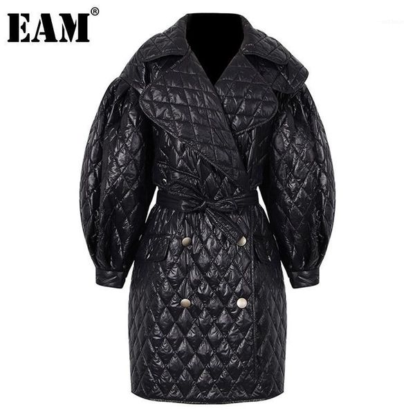 

eam] black big size cotton-padded coat lapel long sleeve loose fit women parkas fashion tide new autumn winter 2020 1dd13441