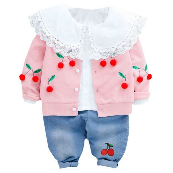 

fashion baby girls clothing sets 2020 autumn lace cherry coats shirt jeans infant newborn clothing children casual clothes, White