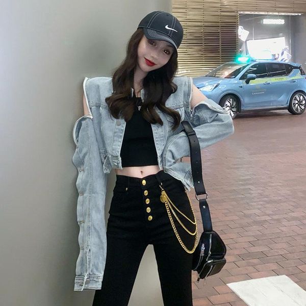 

fashion autumn korean version of the female zipper design feels short short thin popular denim jacket, Black;brown