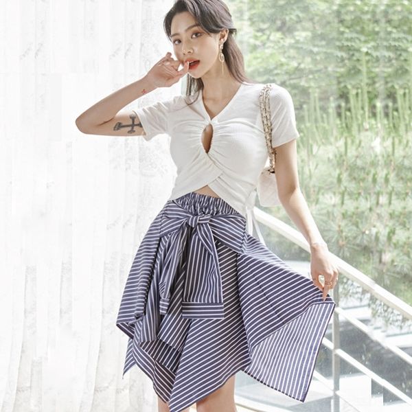 

uv0ea 7059 новые два skirttop юбка кусок набор 2020 летний корейский стиль кружева вязаные полосатый топ моды полосатый комплект юбка для же, Black;gray