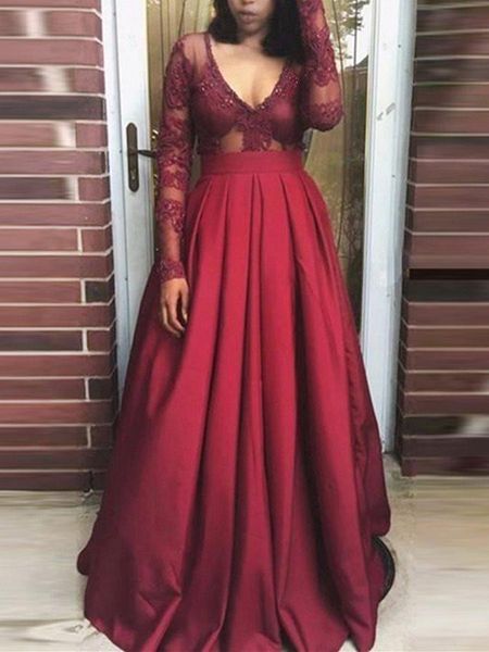 

setwell deep v-neck a-line evening dresses illusion long sleeves lace appliques floor length prom party gowns, Black;red