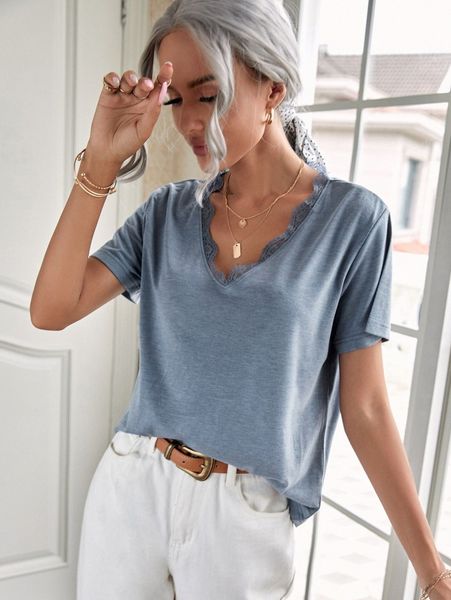 

lace trim short sleeve tee h5ez#, White