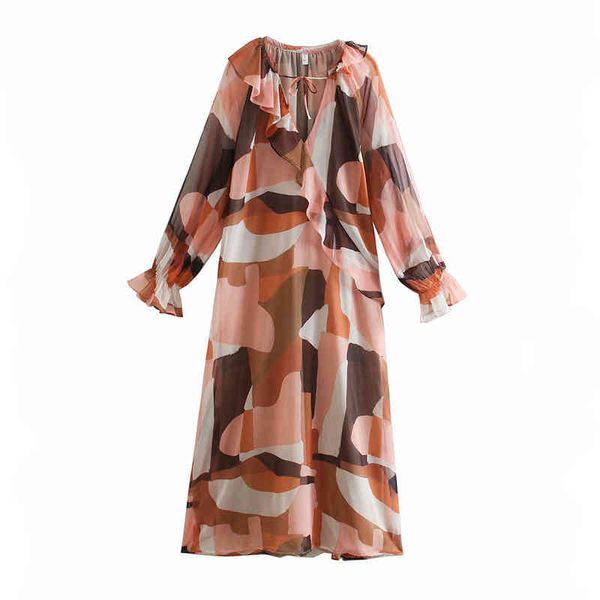 

printted loose midi dress women print v neck long sleeve bandage ruffle long dresses lady spring autumn elegant vestidos, Black;gray