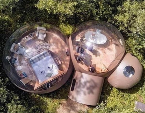 Gente de salas de bolhas infláveis ​​de luxo de 0,6 mm com entrada de túnel de banheiro, glamping argamas ao ar livre Família de Campo Cimpo de Campo Clear Clear