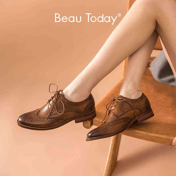 Sapatos de vestido BELEODAY Feminino Mulheres Vaca Wingtip De Couro De Encerado Redondo Toe Cross-tied Derby Senhoras Flats Handmade 21436 2 9