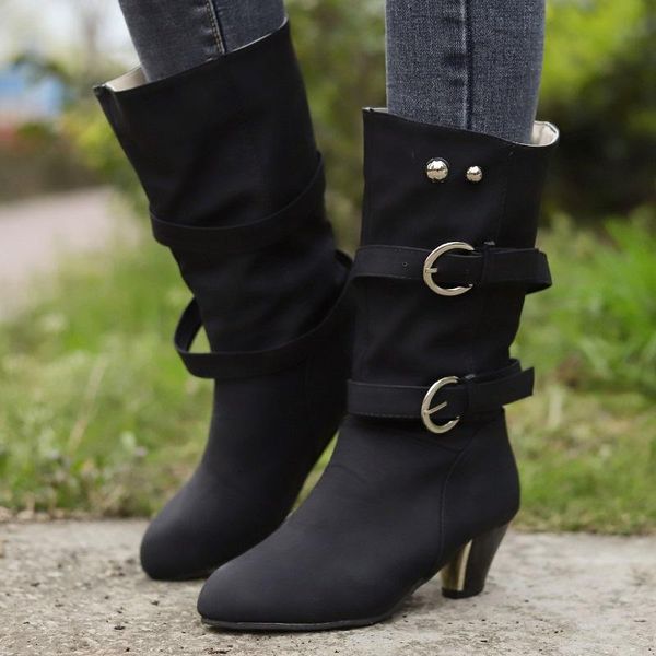 

autumn women winter boots pu leather buckle strap western boots ladies mid heels round toe female shoes botas mujer, Black