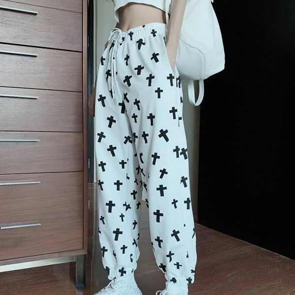 

new high waist jogging pants women printed loose sportwear trousers female korean hip hop pants casual wide-leg streetwear pants, Black;white