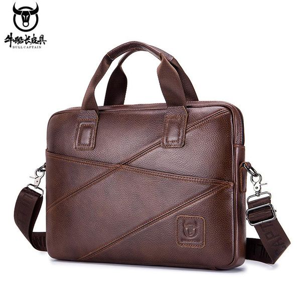 

men's genuine leather briefcase business handbag layer cowhide male shoulder cross body bag 14" lapbag travel