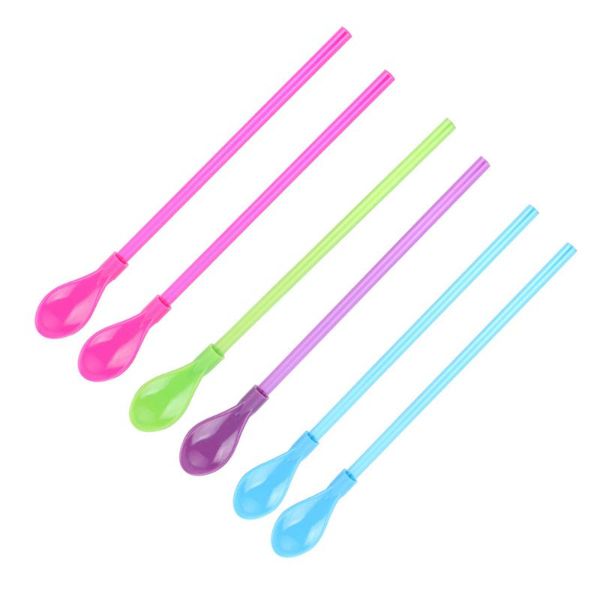 

4 pcs creative straw spoon drinking stirring plastic spoon removable straw (dark pink + green + blue purple