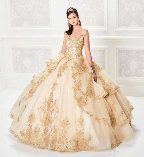 

2021 ball gown champagne quinceanera dresses lace bodice corset gold appliqued sequins prom dress tiered tulle gorgeous princess gowns, Blue;red