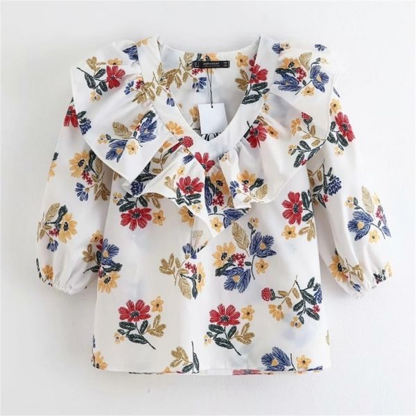 

women v neck floral print ruffles casual smock blouse three quarter sleeve shirts femininas chic chemise blusas lj200810, White