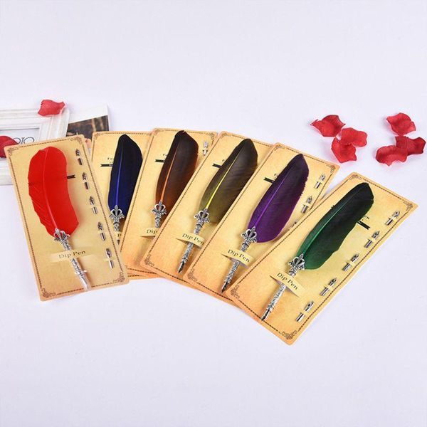 

colorful feather metal pen nibbed dip writing ink quill pens set for school stationery gifts art supplies1
