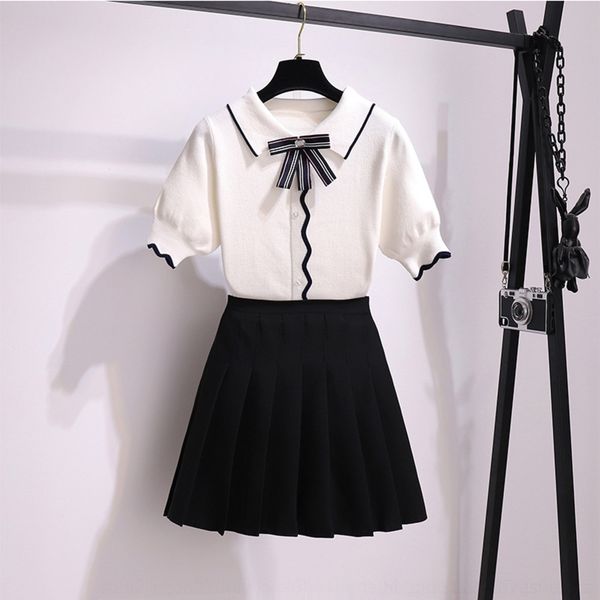 

96kpv 2020 лето новой сладкого снижения возраста костюм куртка короткий отворот knit top-линия плиссированного набора короткий периода юбка, Gray