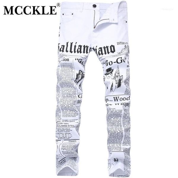 

mcckle 2017 autumn men denim trousers white printing newspaper casual pants mens painted skinny jeans for man size 28-4211, Blue