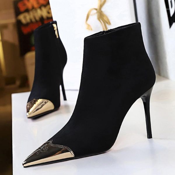 

2020 luxury women warm fur ankle boots 9.5cm high heels stiletto boots female pointed toe black suede nightclub shoes1